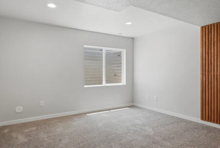 Carpeted room with a recessed window, light grey wall paint, and a wood-slat accent wall