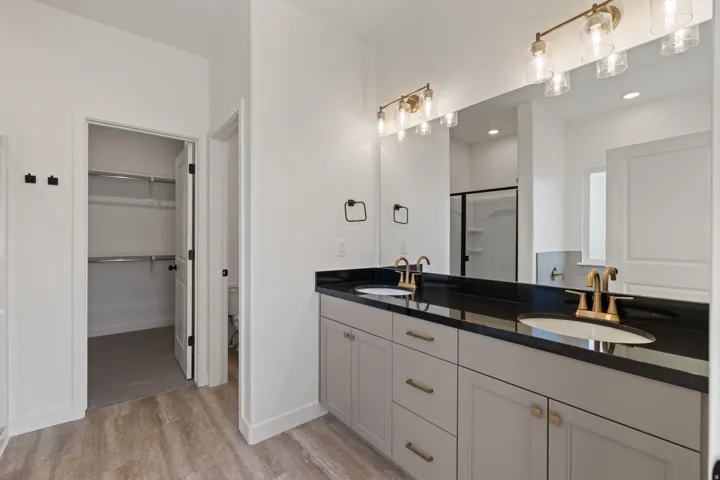 Dual vanity with light gray cabinetry, black countertop, and gold-toned fixtures