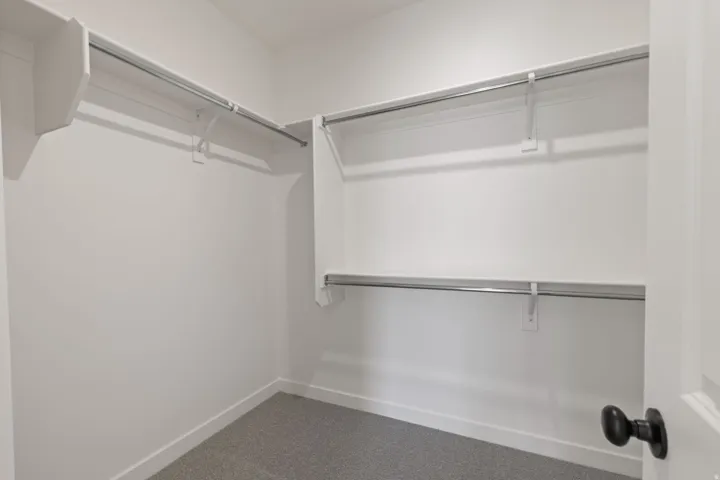 Walk-in closet featuring white walls, gray carpeting, and multiple chrome hanging rods