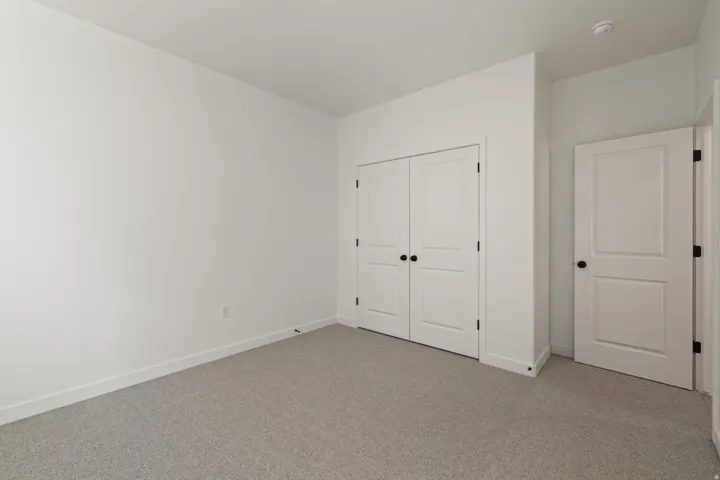 Spacious room featuring light gray carpeting, crisp white walls, and bright white trim