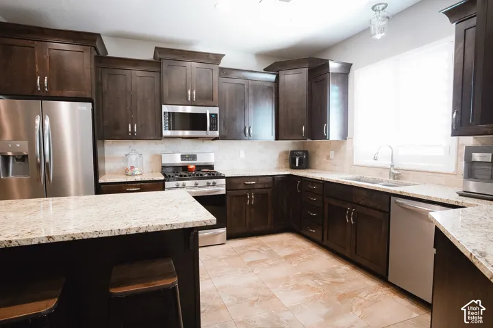 Kitchen featuring dark wood cabinetry, light-toned countertops, stainless steel appliances, a tile backsplash, and light-toned floor tiling
