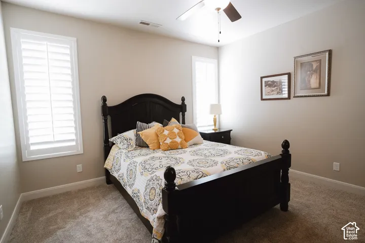 Carpeted room featuring two windows with white plantation shutters