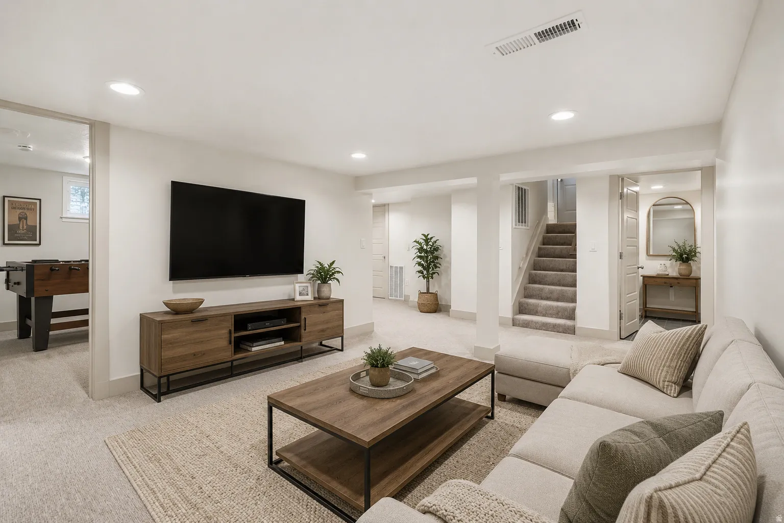 Spacious entertainment room featuring recessed lighting, light-toned carpeting, a wall-mounted television, a wood-finish media console, and a carpeted staircase
