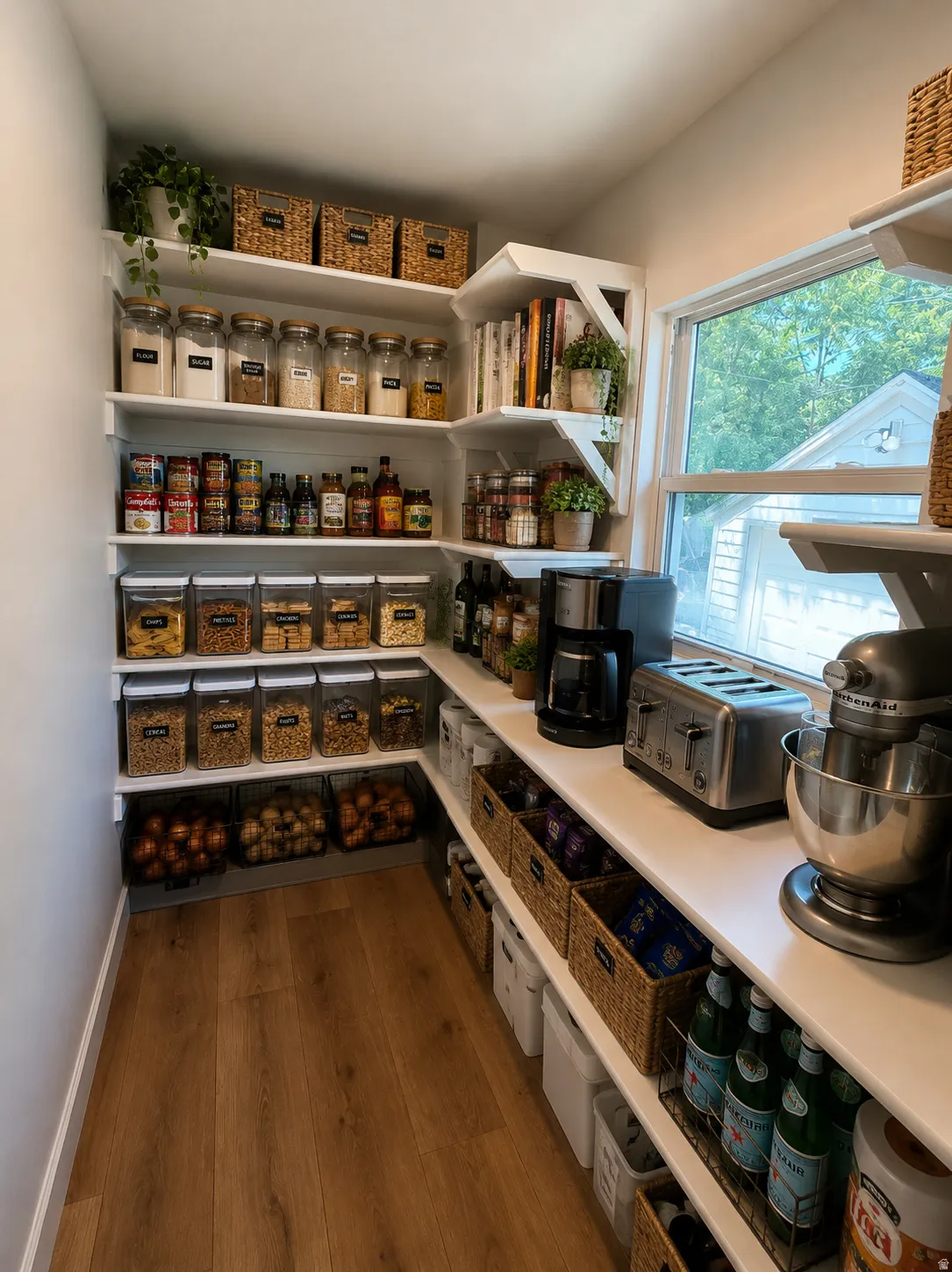 Walk-in pantry featuring extensive white shelving and wood-finish flooring