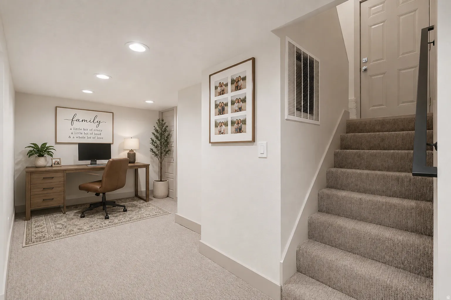 Carpeted flooring throughout, recessed lighting, and a neutral wall palette