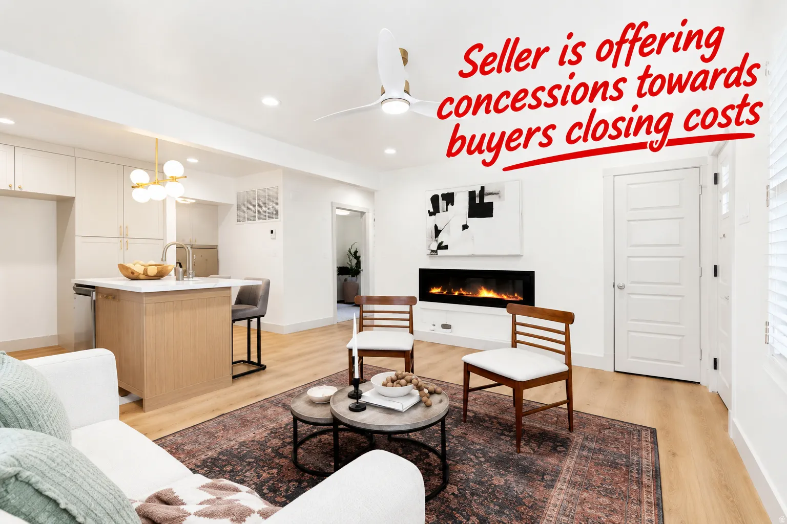 Open concept living space featuring wood-finish flooring, a contemporary electric fireplace, and recessed lighting