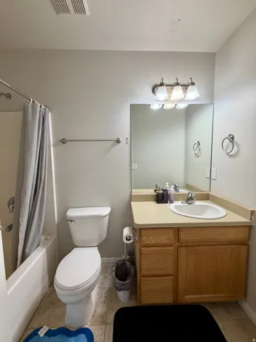 Full bathroom featuring a single vanity with wood cabinetry, a built-in sink, and a large wall-mounted mirror