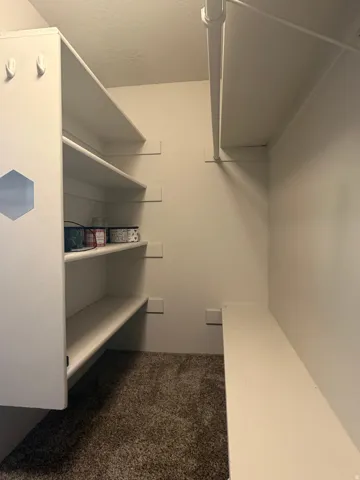 Walk-in closet featuring built-in shelving, a full-length clothes rod, and textured carpet flooring