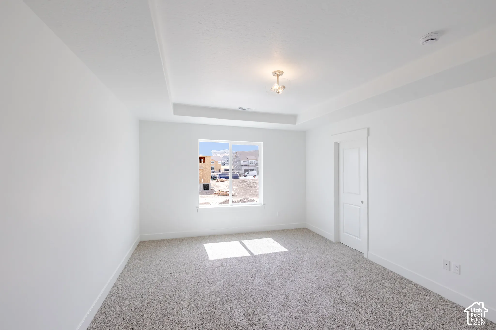 Tray ceiling with integrated lighting, window, white paneled door, and neutral carpet