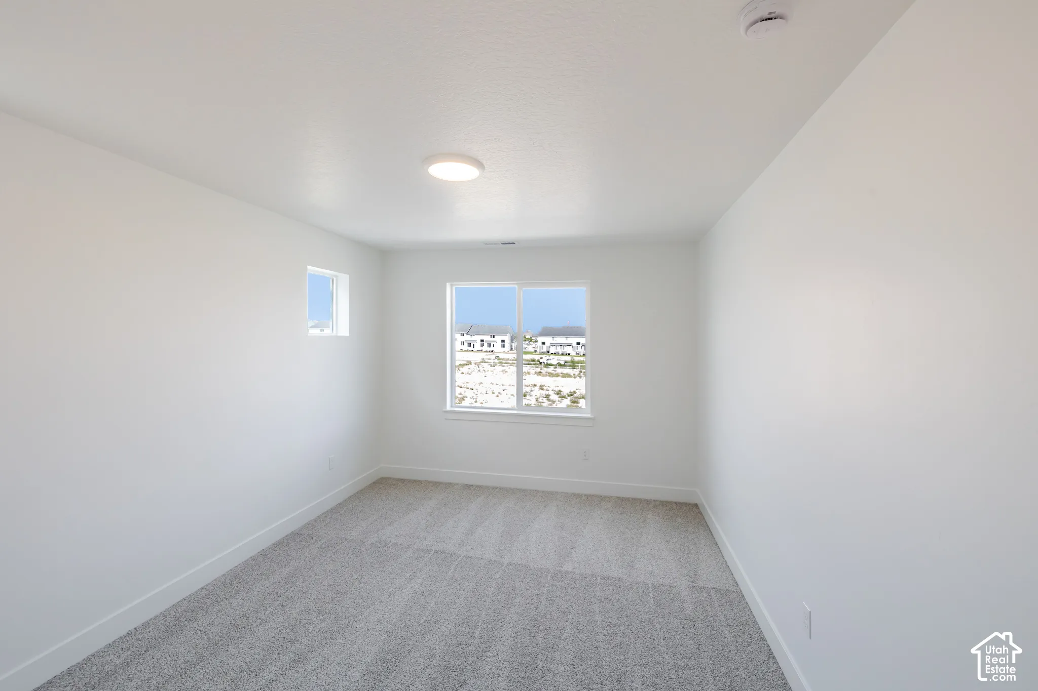 Neutral-toned carpeting, white painted walls, and an overhead flush-mount light fixture