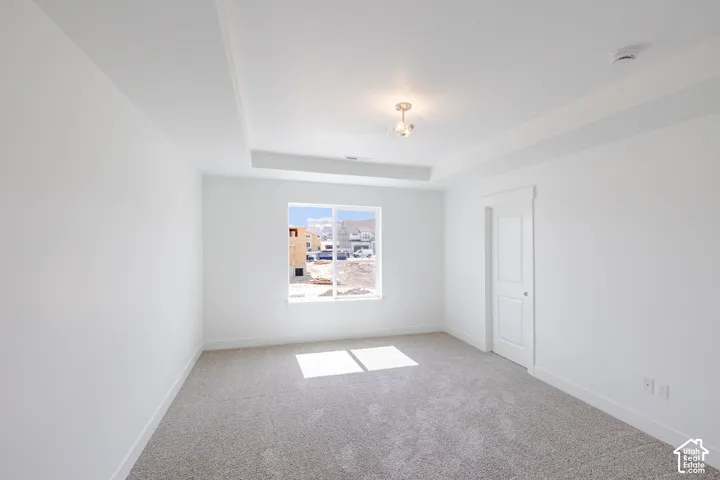 Tray ceiling with integrated lighting, window, white paneled door, and neutral carpet