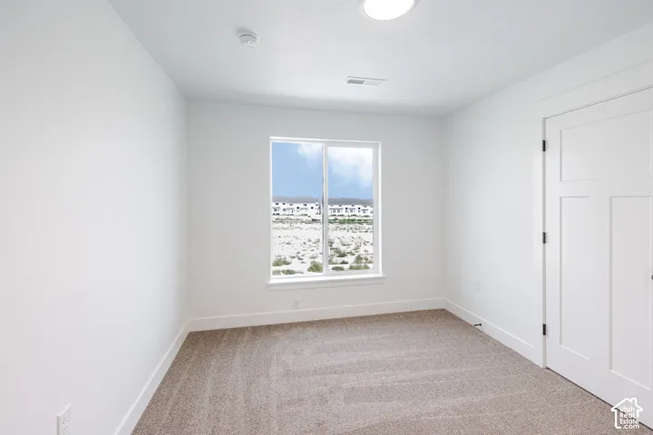 Neutral tone carpeting with white trim