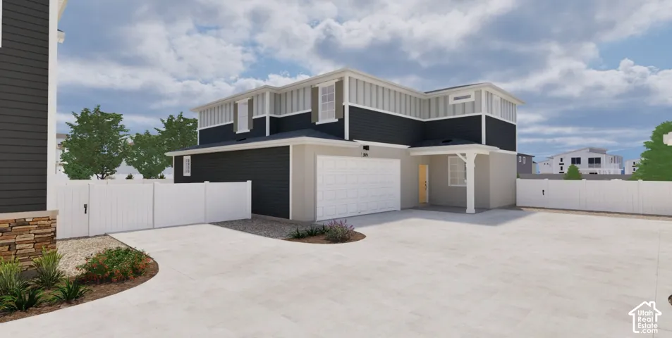 Contemporary exterior with dark siding and light trim accents