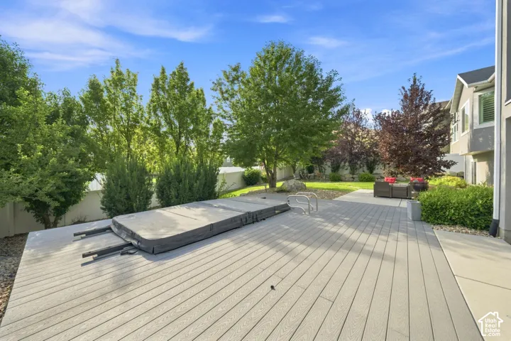 Expansive composite deck with linear board pattern and integrated swim spa, overlooking mature landscaping and verdant grounds