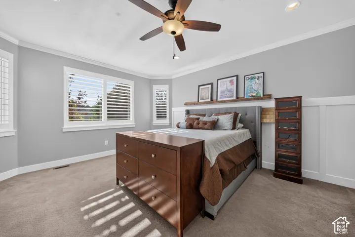 Bright, light-filled bedroom featuring multiple windows with plantation shutters, ceiling fan with light fixture, neutral carpeting, and wood-finish furnishings