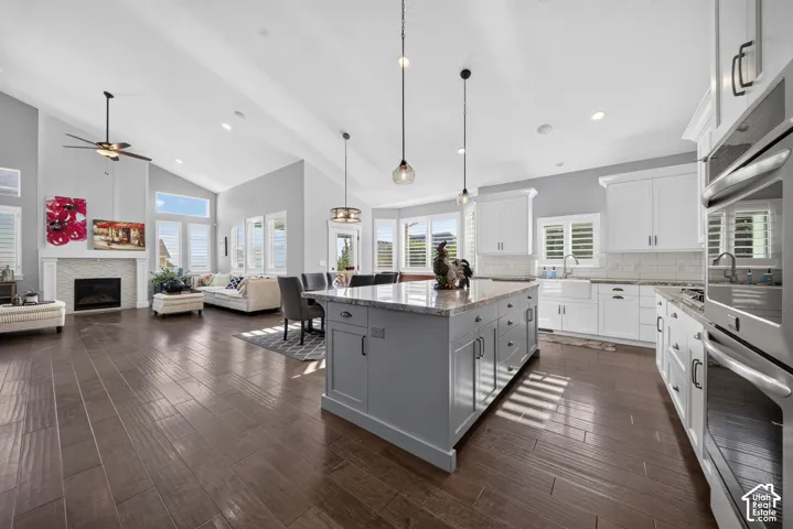 Open-concept kitchen and living area featuring a large island with a gray base and white cabinetry, stainless steel appliances including dual ovens, pendant lighting, wood-finish flooring throughout, and abundant natural light