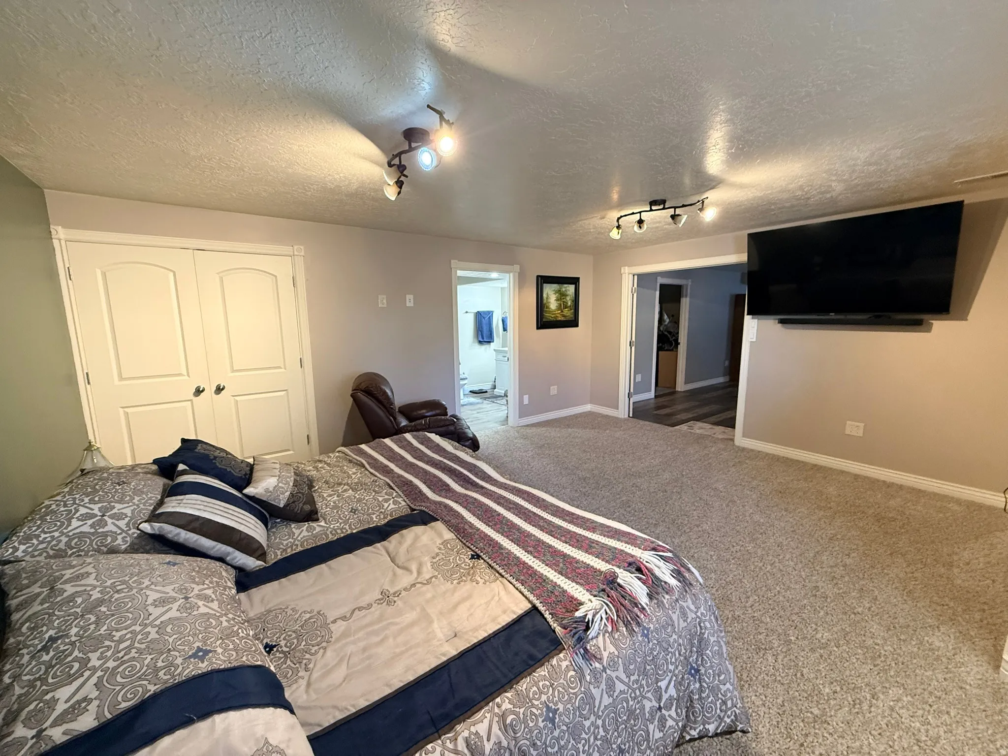 Carpeted room featuring a built-in closet with double doors, track lighting, and a wall-mounted television