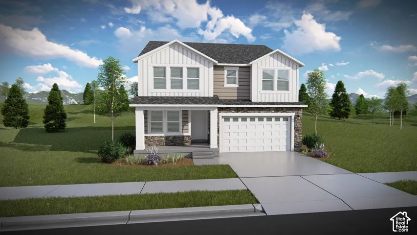 Two-story residence featuring a two-car garage, stone and siding exterior, front porch with columns, and a concrete driveway