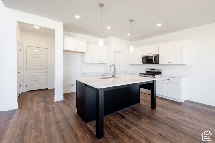 White upper and lower cabinetry, wood-finish flooring, central island with sink, stainless steel appliances, and recessed lighting