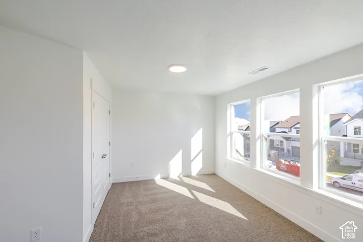 Bright interior with carpet flooring, three large windows, a single panel door, and a flush mount ceiling light