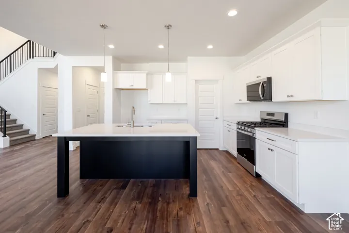 Open-concept kitchen featuring an island with an undermount sink, white cabinetry, stainless steel appliances, and wood-finish flooring