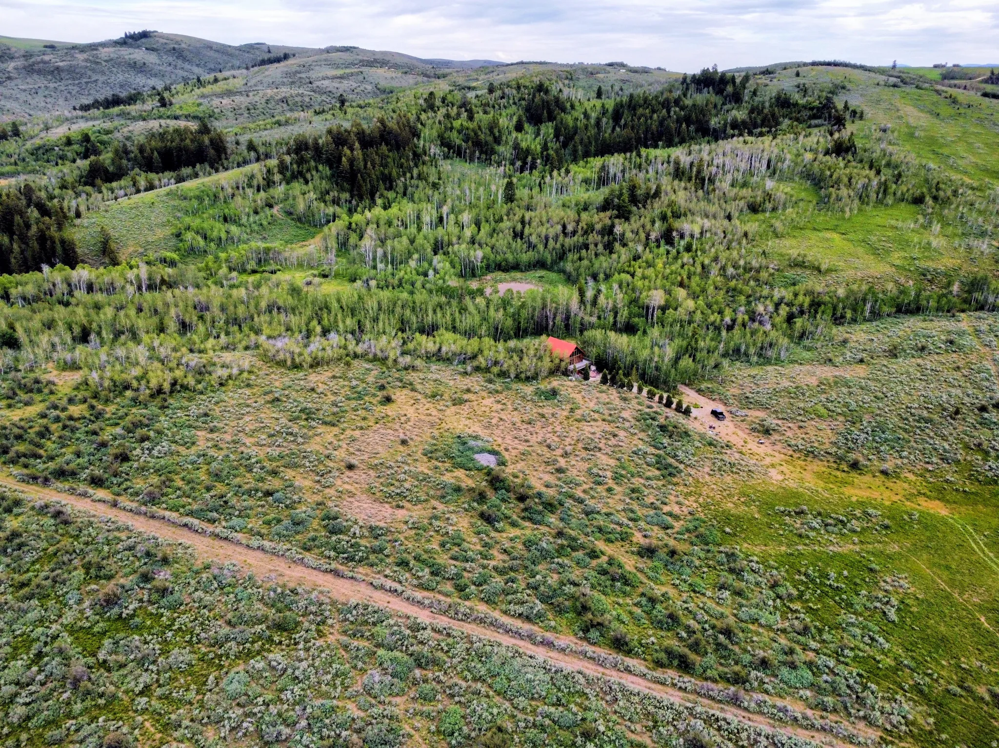 Expansive, rolling terrain featuring a secluded residence with a red roof, surrounded by mature trees and natural vegetation