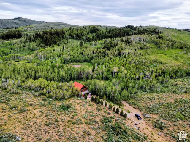 Secluded property featuring a residence with a red roof, surrounded by dense woodlands