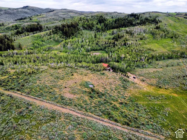 Expansive, rolling terrain featuring a secluded residence with a red roof, surrounded by mature trees and natural vegetation