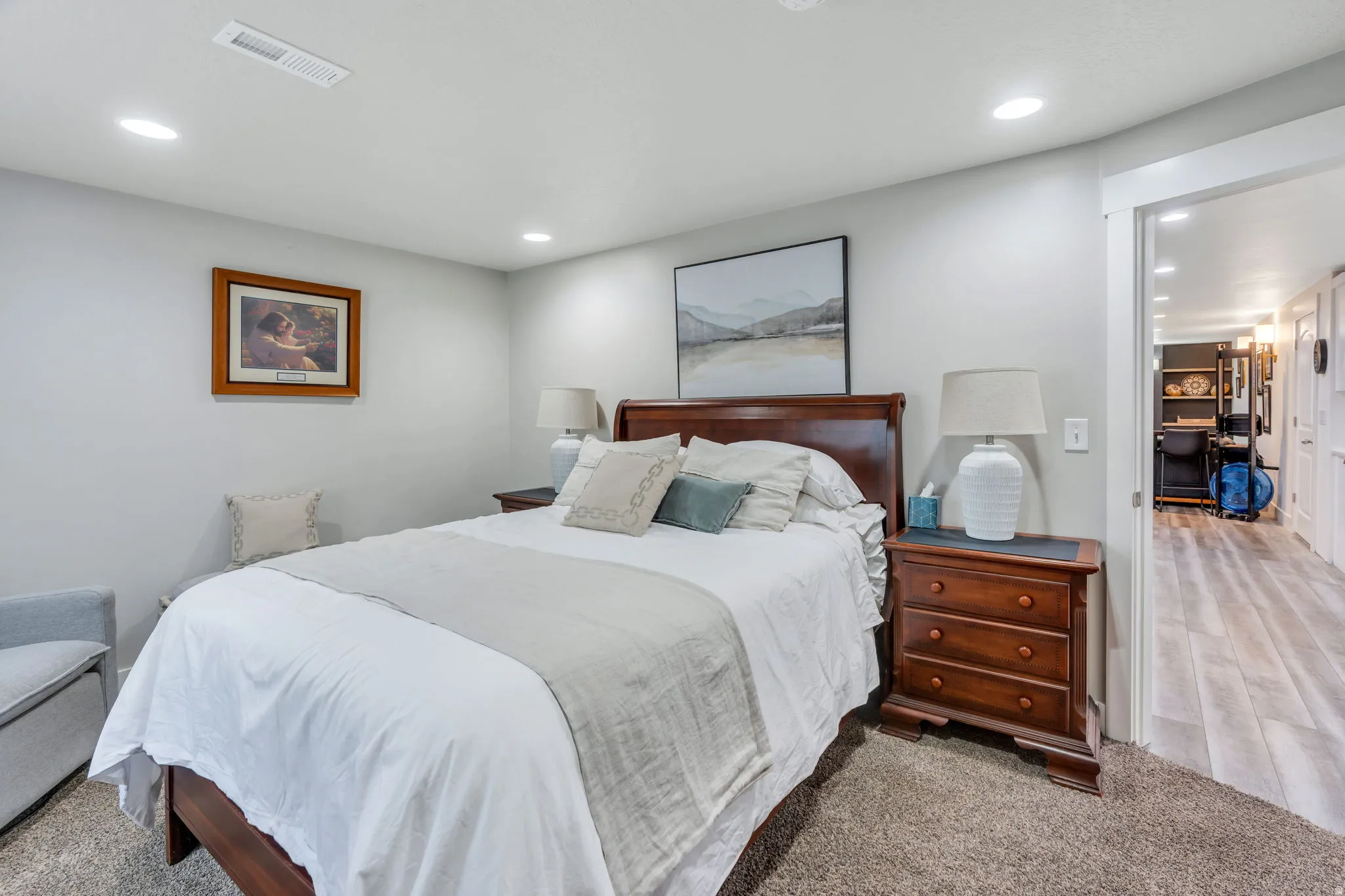 Carpeted bedroom featuring recessed lighting and light gray wall paint