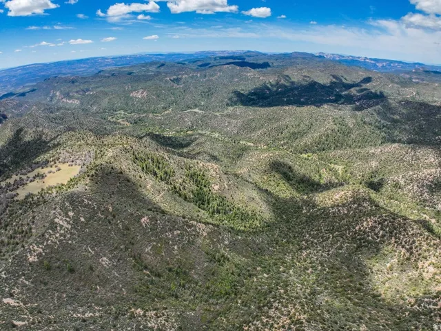 Expansive mountainous terrain with varied topography, including densely forested areas and open clearings