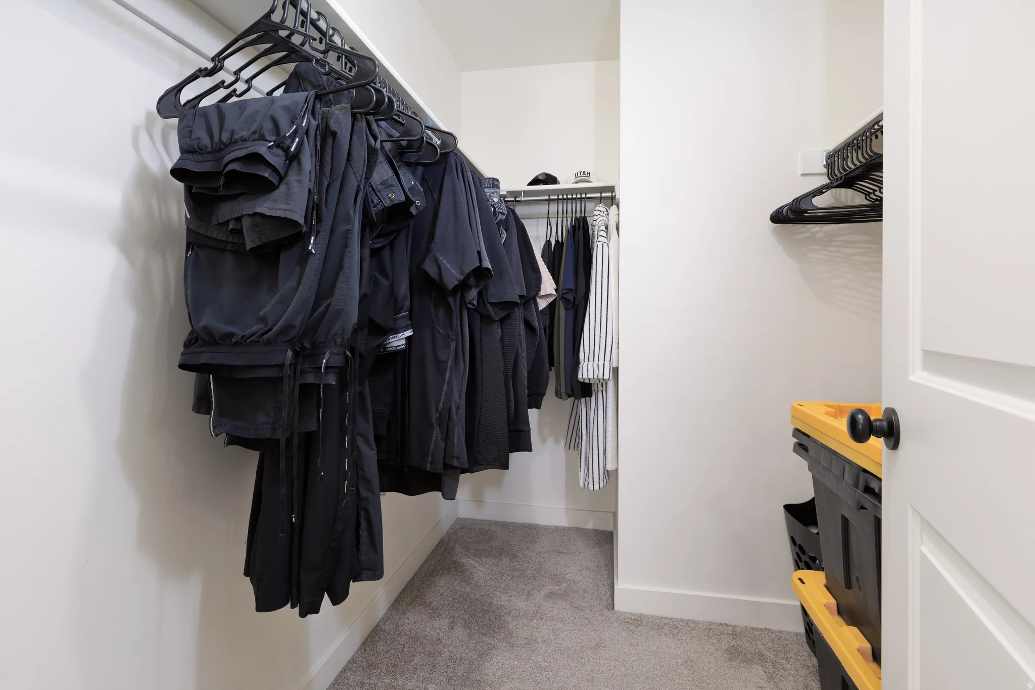 Walk-in closet with carpet flooring, white walls, and multiple clothing rods