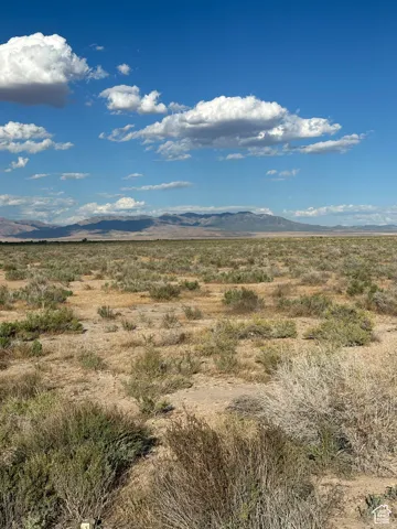 Expansive open land featuring natural desert vegetation, distant mountains, and a clear blue sky with scattered clouds