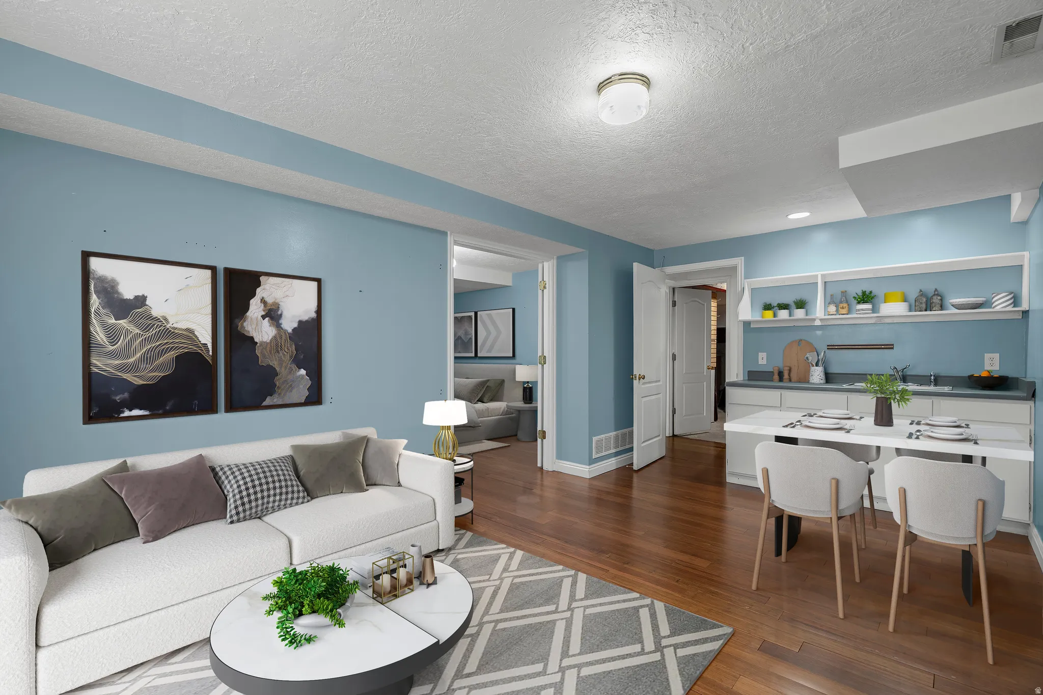Basement living room virtually staged