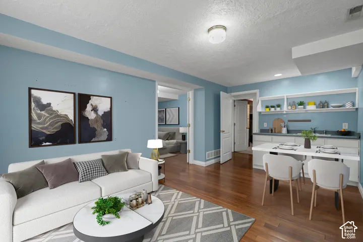 Basement living room virtually staged