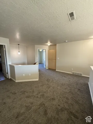 Spacious carpeted area with neutral wall color, built-in cabinetry, and overhead lighting