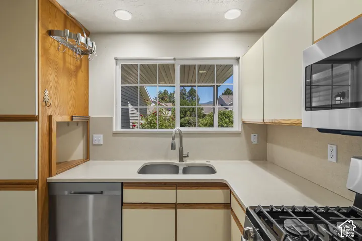 Kitchen featuring a double basin sink, stainless steel dishwasher, and built-in microwave