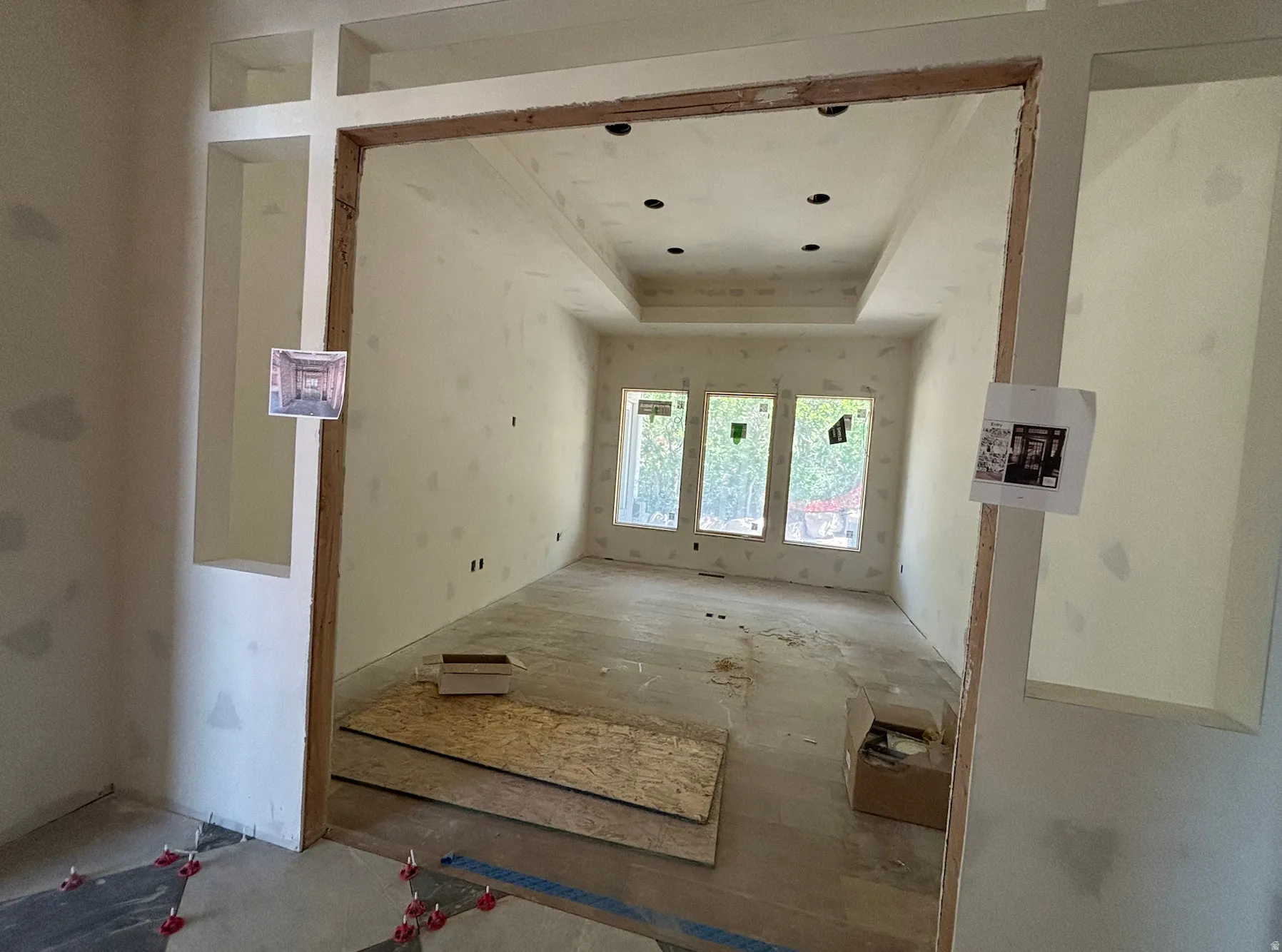 Office/library featuring a tray ceiling with recessed lighting, three large windows, and an expansive doorway