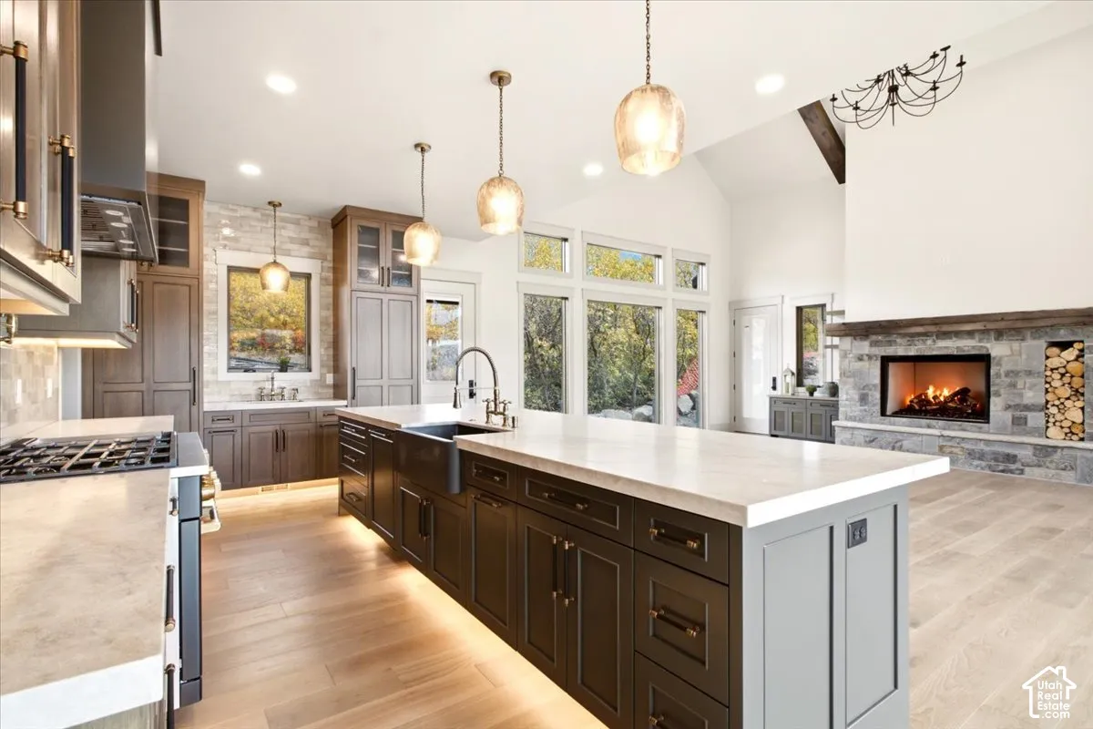 Kitchen featuring toe kick lighting