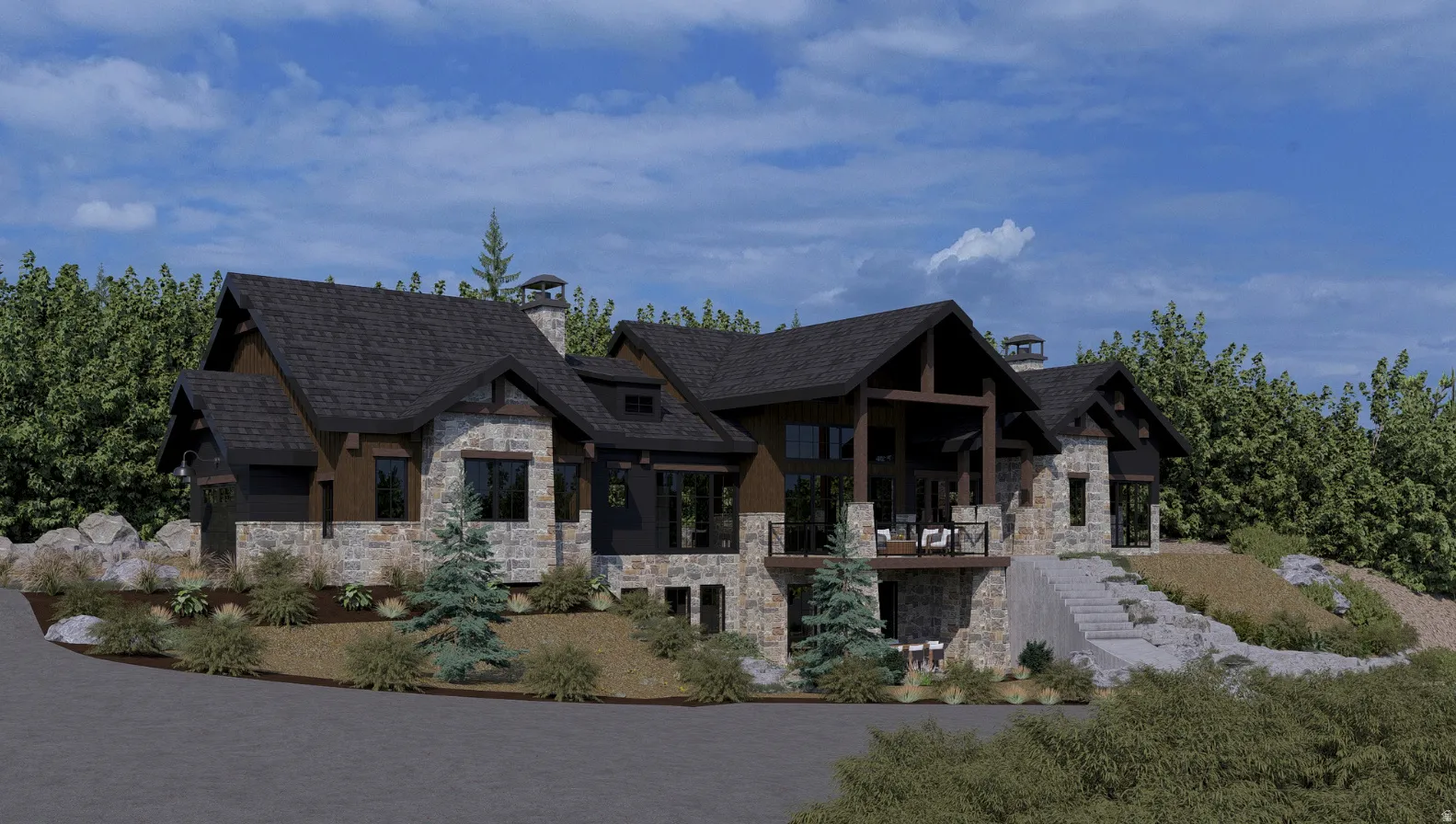 Rendered View of front of home featuring stone siding, front deck, and a chimney