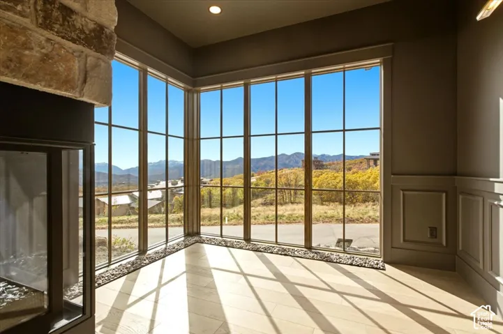 Incredible views from the Owner's retreat offering broad panoramic scenery and decorative stone accents
