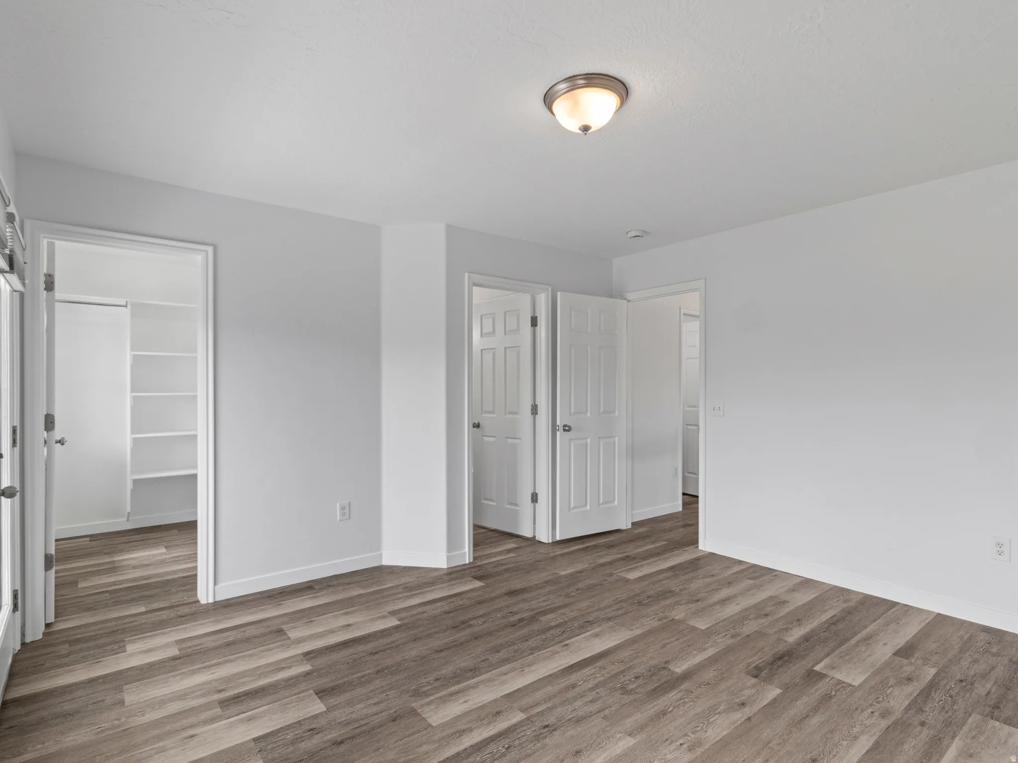 Spacious interior featuring wood-finish flooring, white painted walls, multiple white panel doors, built-in closet shelving, and a semi-flush ceiling light fixture