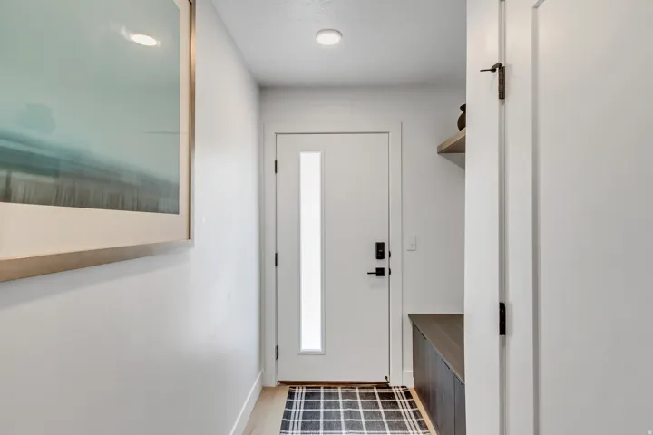 Entryway featuring a contemporary white door with vertical glass insert, modern black hardware, and light wood-finish flooring
