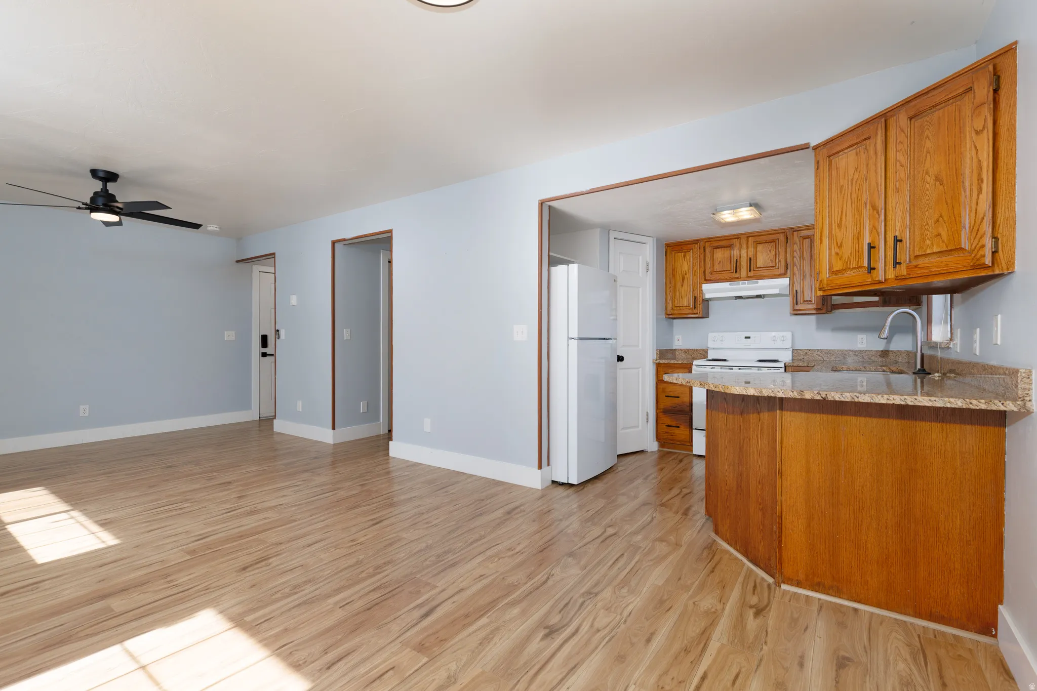 Open-concept living area featuring wood-finish flooring, a contemporary ceiling fan, and light blue wall paint