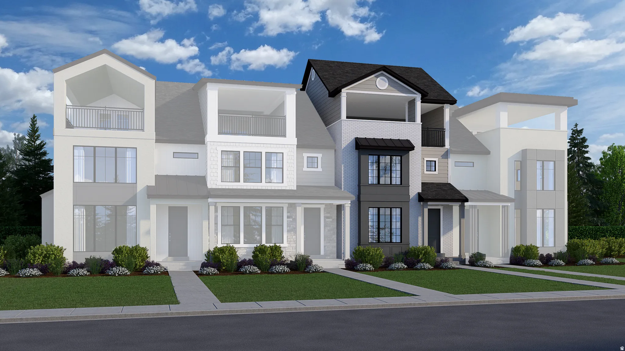 Modern townhome exterior with varied facade materials and contemporary architectural elements
