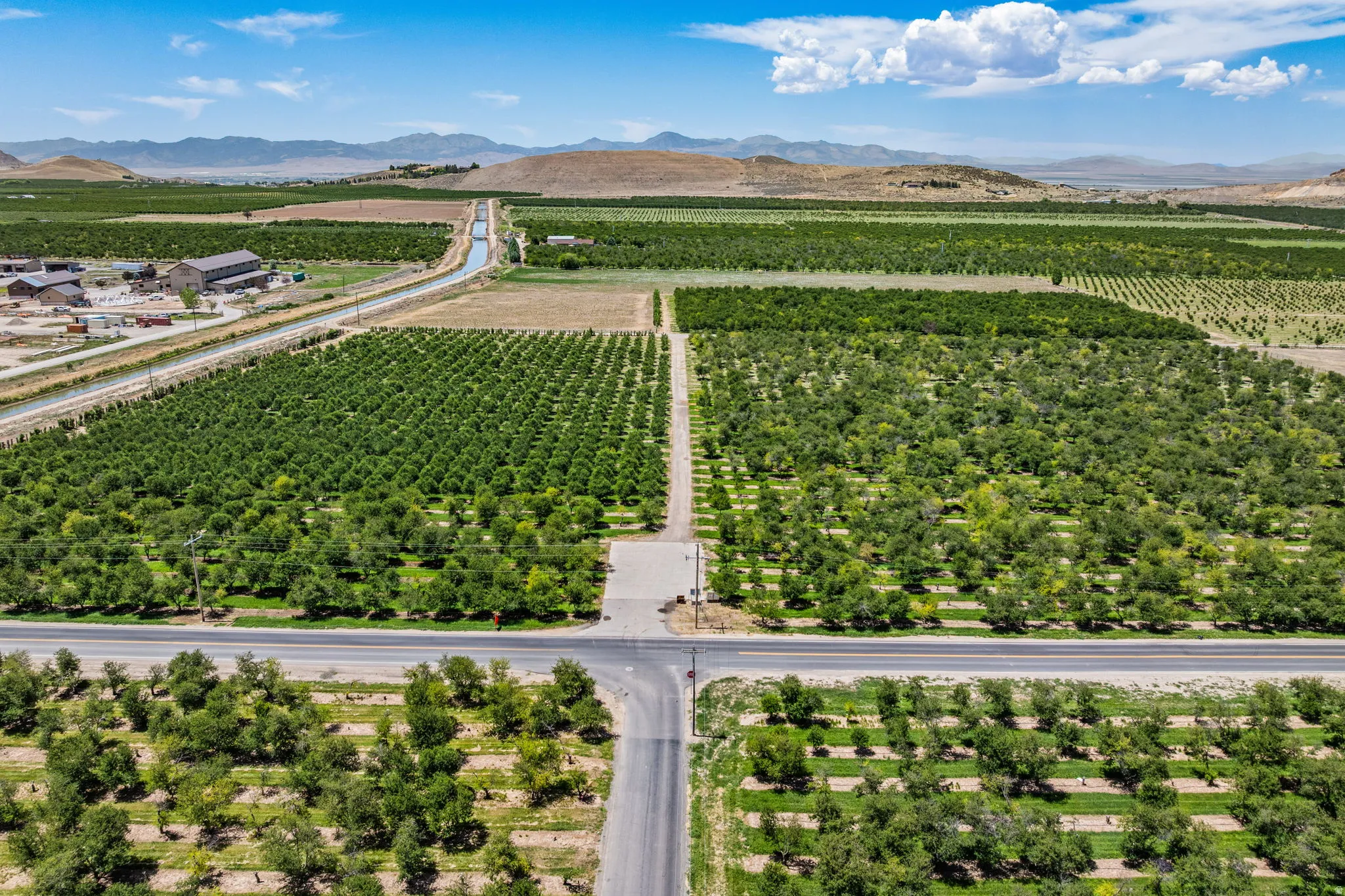 Expansive agricultural property featuring multiple cultivated fields and mature cherry trees