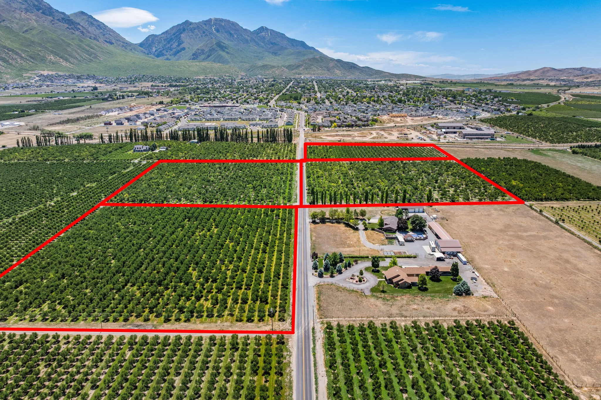 Expansive agricultural property featuring multiple cultivated fields and mature cherry trees