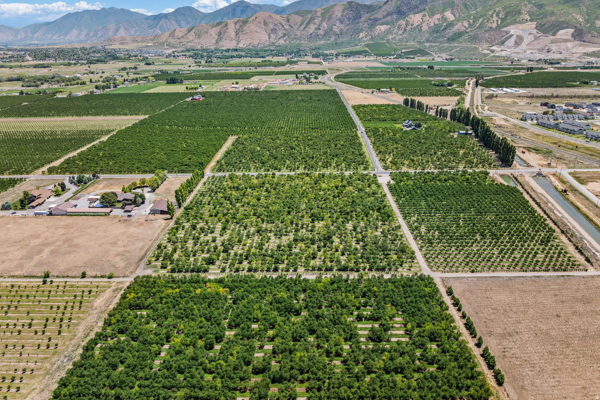Expansive agricultural property featuring multiple cultivated fields and mature cherry trees