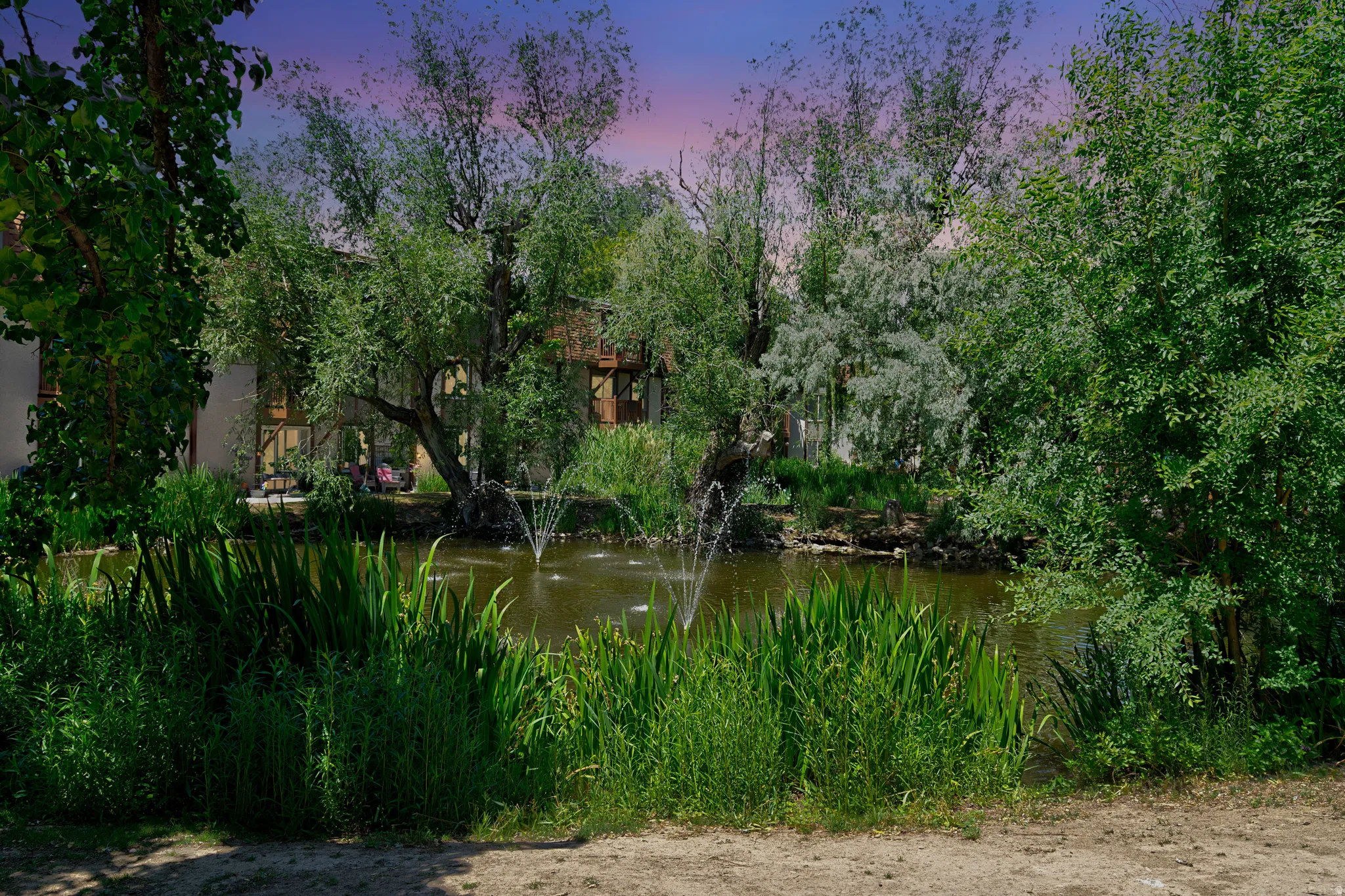 Private pond with multiple water fountains surrounded by mature trees and lush aquatic plants
