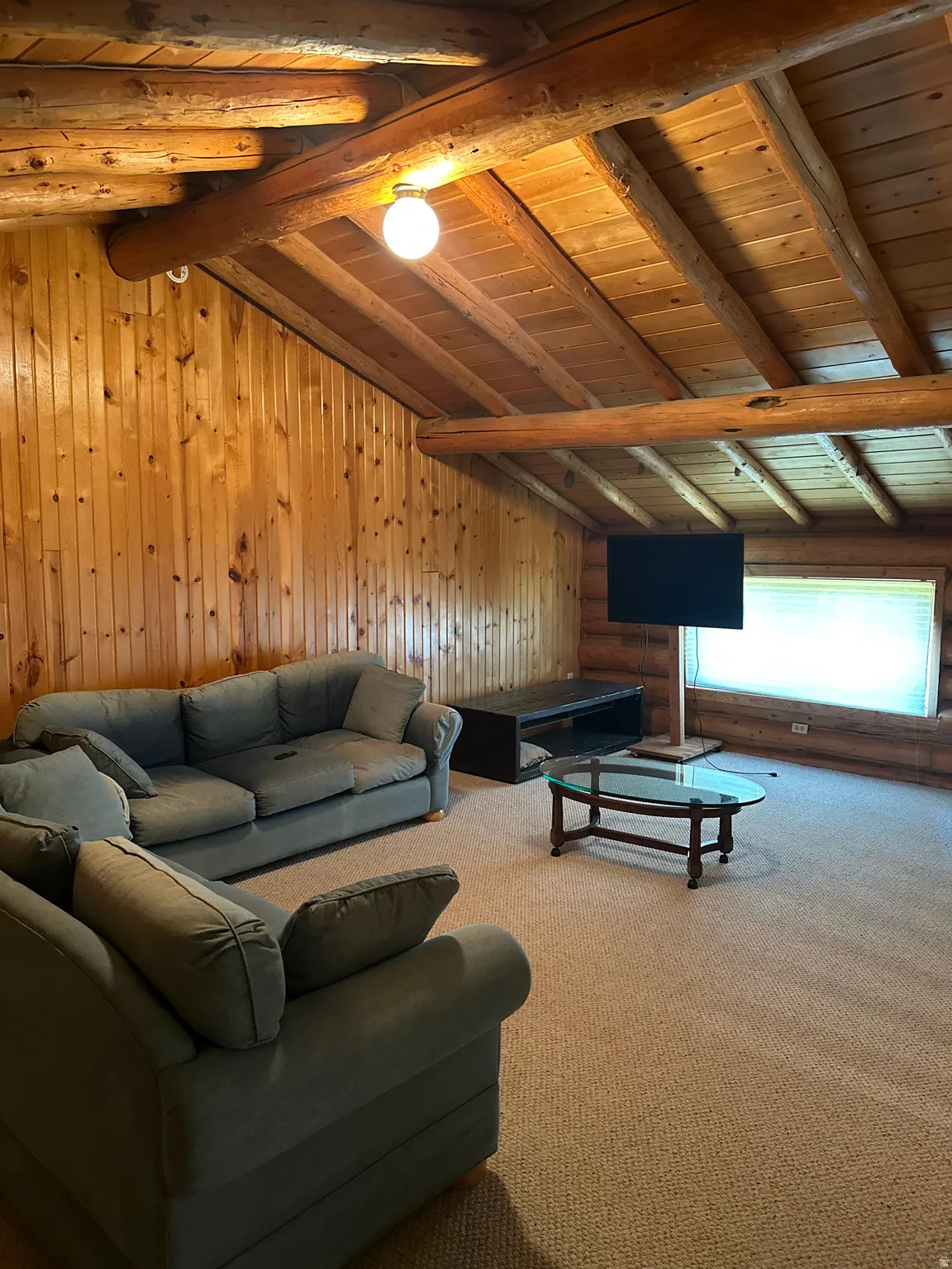 Carpeted living space featuring wood paneling and exposed wood beams