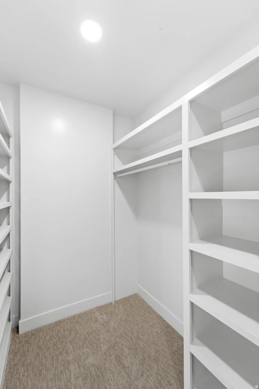 Walk-in closet featuring built-in shelving, hanging rod, recessed lighting, and carpet flooring